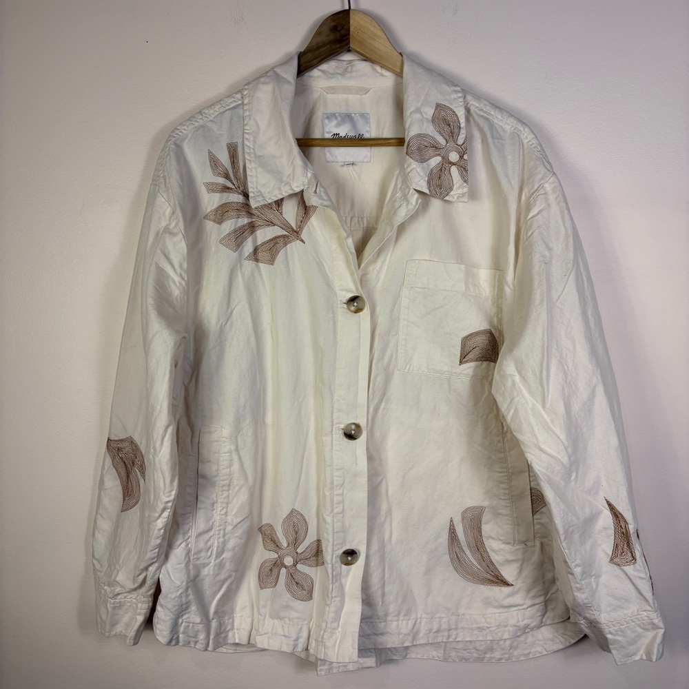 Madewell Ivory White Embroidered Floral Button Jacket Boho Coastal Lagenlook